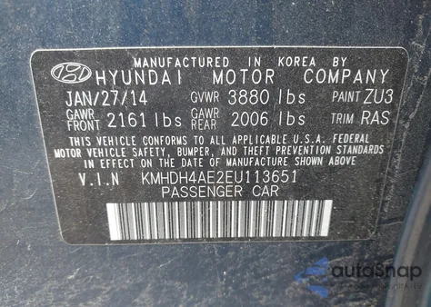 2014 Hyundai Elantra Se z USA, uszkodzony, nr VIN KMHDH4AE2EU113651